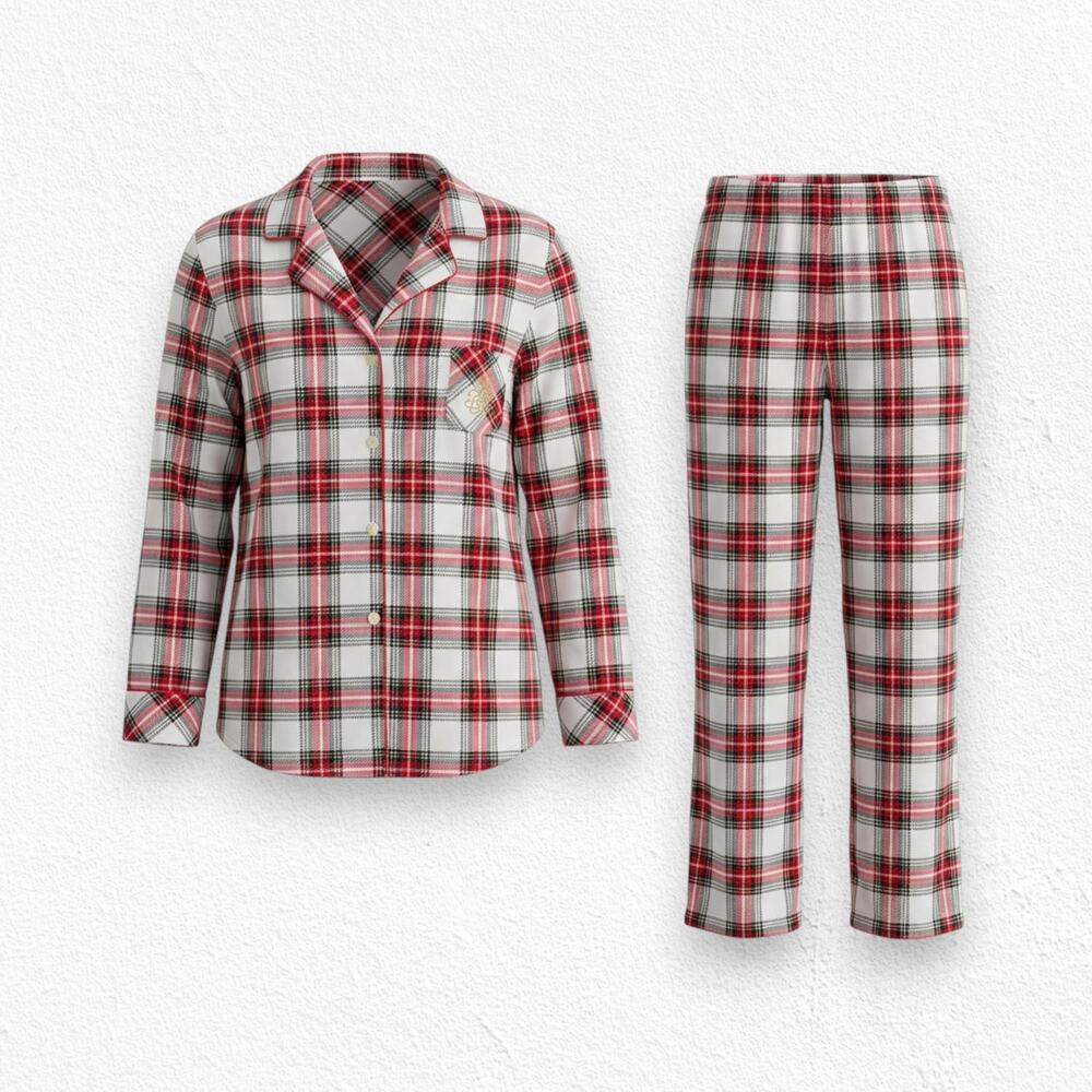 Lauren Ralph Lauren Ivory Red Green Tartan Plaid Fleece Pajama Set Size XL NWT